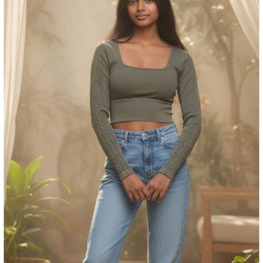 Offline Aerie Womens Small Olive Seamless Cable Ribbed Top Forest Grunge